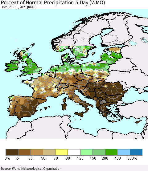 Europe Percent of Normal Precipitation 5-Day (WMO) Thematic Map For 12/26/2023 - 12/31/2023
