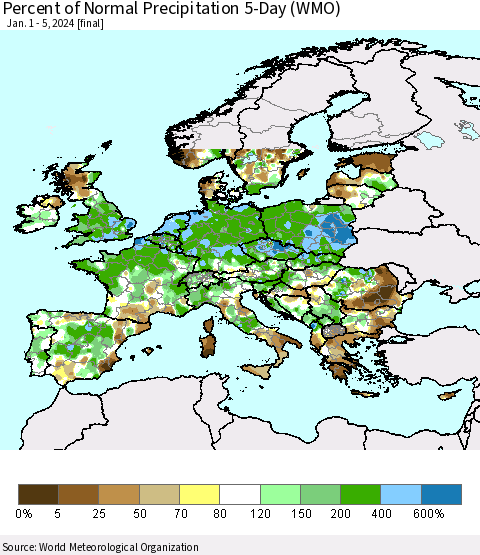 Europe Percent of Normal Precipitation 5-Day (WMO) Thematic Map For 1/1/2024 - 1/5/2024