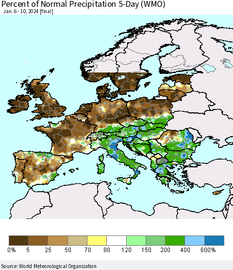 Europe Percent of Normal Precipitation 5-Day (WMO) Thematic Map For 1/6/2024 - 1/10/2024