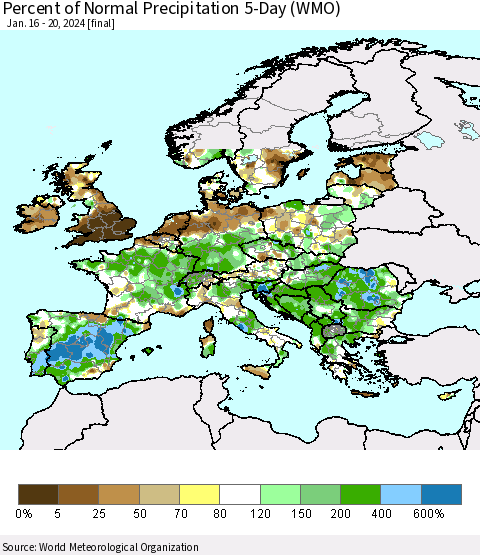 Europe Percent of Normal Precipitation 5-Day (WMO) Thematic Map For 1/16/2024 - 1/20/2024