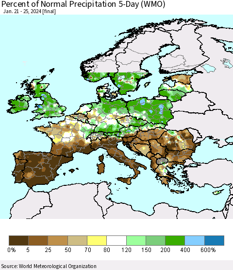 Europe Percent of Normal Precipitation 5-Day (WMO) Thematic Map For 1/21/2024 - 1/25/2024