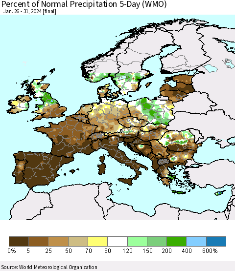 Europe Percent of Normal Precipitation 5-Day (WMO) Thematic Map For 1/26/2024 - 1/31/2024