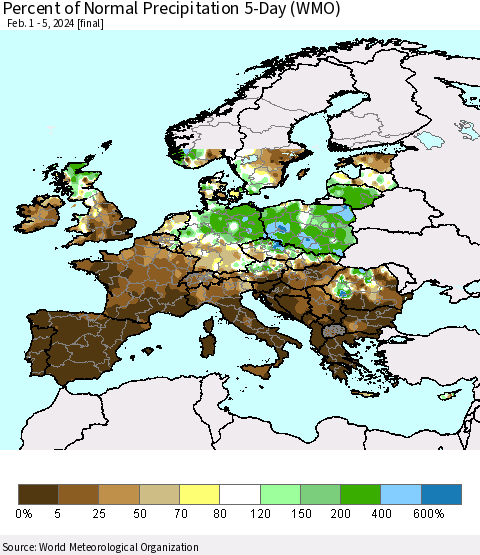 Europe Percent of Normal Precipitation 5-Day (WMO) Thematic Map For 2/1/2024 - 2/5/2024