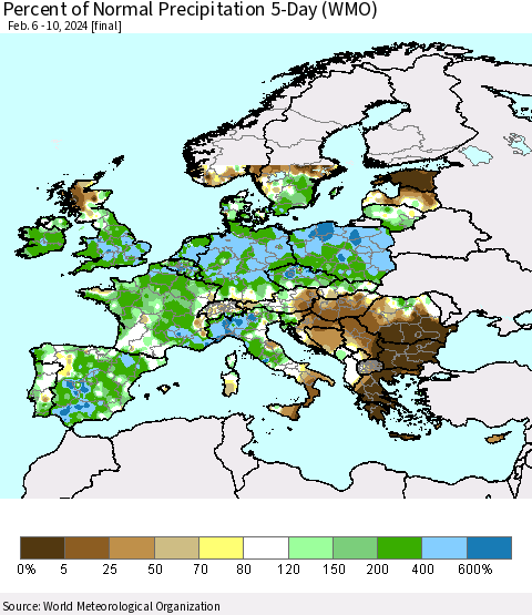Europe Percent of Normal Precipitation 5-Day (WMO) Thematic Map For 2/6/2024 - 2/10/2024