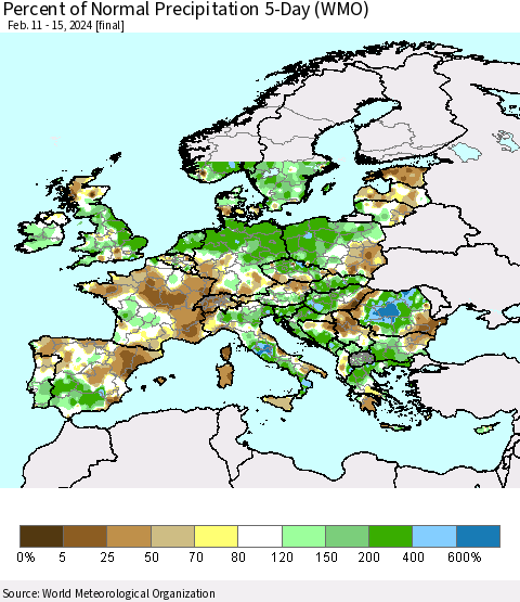 Europe Percent of Normal Precipitation 5-Day (WMO) Thematic Map For 2/11/2024 - 2/15/2024