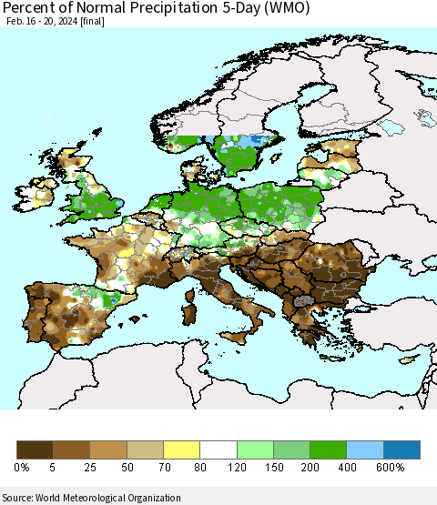 Europe Percent of Normal Precipitation 5-Day (WMO) Thematic Map For 2/16/2024 - 2/20/2024