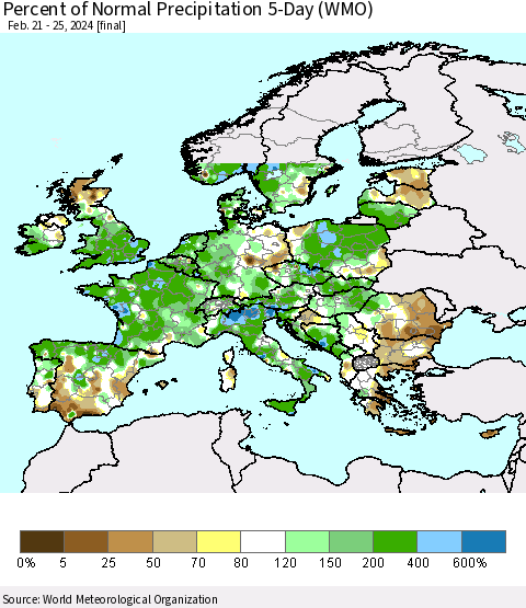 Europe Percent of Normal Precipitation 5-Day (WMO) Thematic Map For 2/21/2024 - 2/25/2024