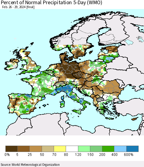 Europe Percent of Normal Precipitation 5-Day (WMO) Thematic Map For 2/26/2024 - 2/29/2024