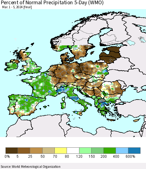 Europe Percent of Normal Precipitation 5-Day (WMO) Thematic Map For 3/1/2024 - 3/5/2024