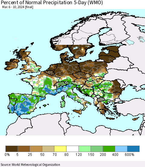Europe Percent of Normal Precipitation 5-Day (WMO) Thematic Map For 3/6/2024 - 3/10/2024