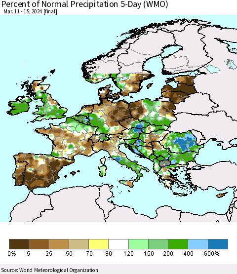 Europe Percent of Normal Precipitation 5-Day (WMO) Thematic Map For 3/11/2024 - 3/15/2024