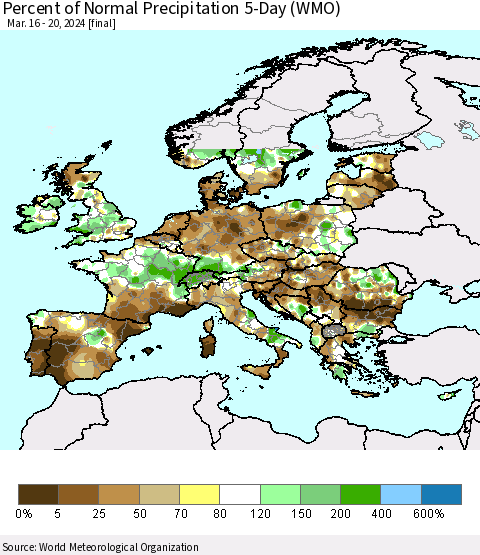 Europe Percent of Normal Precipitation 5-Day (WMO) Thematic Map For 3/16/2024 - 3/20/2024
