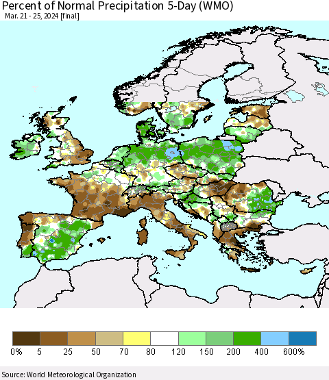 Europe Percent of Normal Precipitation 5-Day (WMO) Thematic Map For 3/21/2024 - 3/25/2024