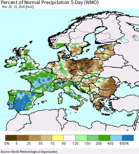 Europe Percent of Normal Precipitation 5-Day (WMO) Thematic Map For 3/26/2024 - 3/31/2024