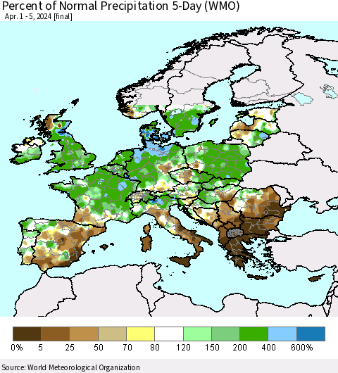 Europe Percent of Normal Precipitation 5-Day (WMO) Thematic Map For 4/1/2024 - 4/5/2024