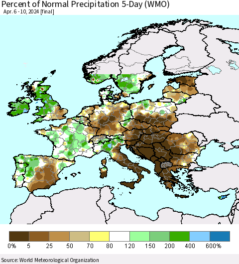 Europe Percent of Normal Precipitation 5-Day (WMO) Thematic Map For 4/6/2024 - 4/10/2024