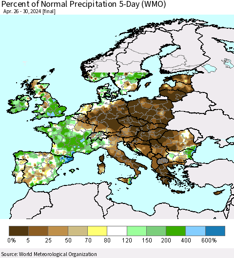 Europe Percent of Normal Precipitation 5-Day (WMO) Thematic Map For 4/26/2024 - 4/30/2024