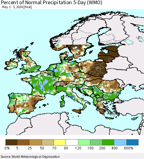 Europe Percent of Normal Precipitation 5-Day (WMO) Thematic Map For 5/1/2024 - 5/5/2024