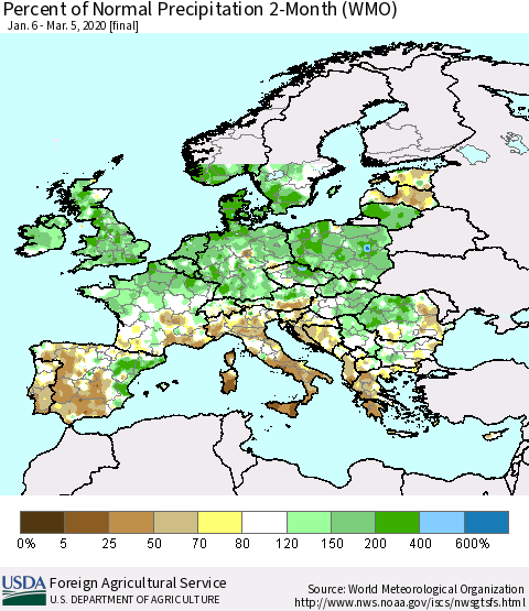Europe Percent of Normal Precipitation 2-Month (WMO) Thematic Map For 1/6/2020 - 3/5/2020