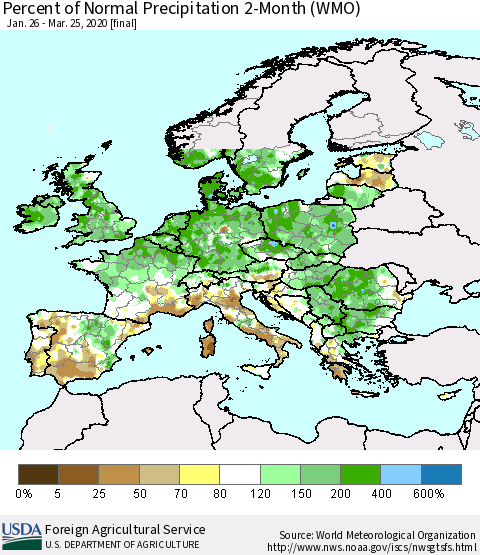Europe Percent of Normal Precipitation 2-Month (WMO) Thematic Map For 1/26/2020 - 3/25/2020