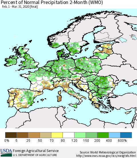 Europe Percent of Normal Precipitation 2-Month (WMO) Thematic Map For 2/1/2020 - 3/31/2020