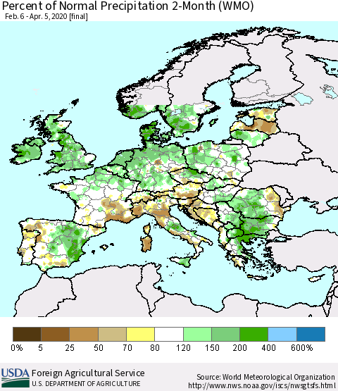 Europe Percent of Normal Precipitation 2-Month (WMO) Thematic Map For 2/6/2020 - 4/5/2020