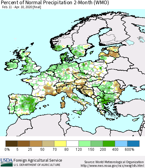 Europe Percent of Normal Precipitation 2-Month (WMO) Thematic Map For 2/11/2020 - 4/10/2020
