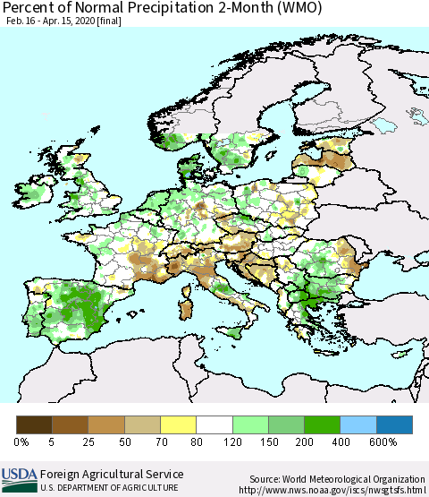 Europe Percent of Normal Precipitation 2-Month (WMO) Thematic Map For 2/16/2020 - 4/15/2020