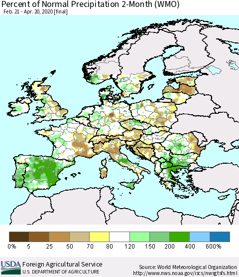 Europe Percent of Normal Precipitation 2-Month (WMO) Thematic Map For 2/21/2020 - 4/20/2020