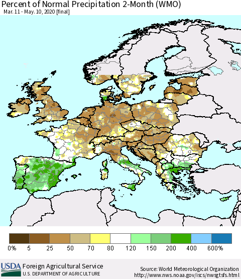 Europe Percent of Normal Precipitation 2-Month (WMO) Thematic Map For 3/11/2020 - 5/10/2020