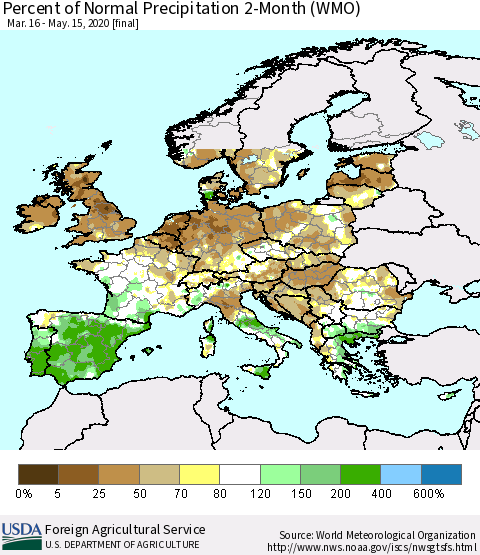 Europe Percent of Normal Precipitation 2-Month (WMO) Thematic Map For 3/16/2020 - 5/15/2020