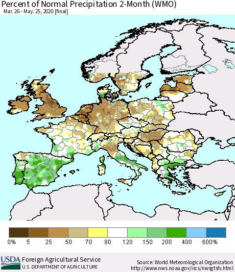 Europe Percent of Normal Precipitation 2-Month (WMO) Thematic Map For 3/26/2020 - 5/25/2020