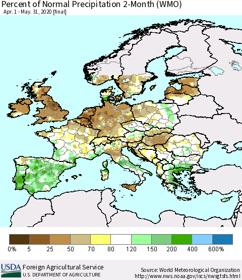 Europe Percent of Normal Precipitation 2-Month (WMO) Thematic Map For 4/1/2020 - 5/31/2020