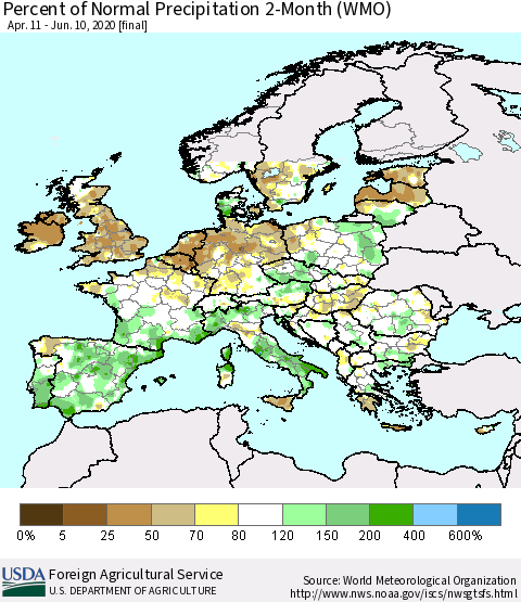Europe Percent of Normal Precipitation 2-Month (WMO) Thematic Map For 4/11/2020 - 6/10/2020