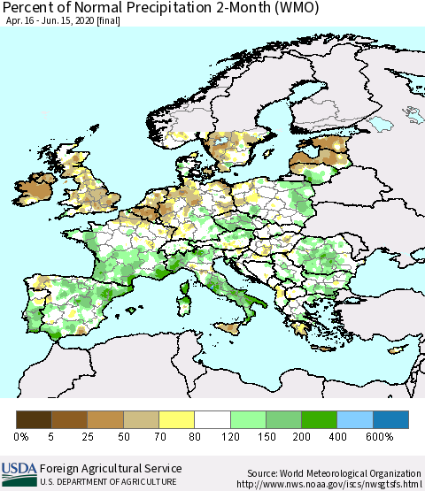 Europe Percent of Normal Precipitation 2-Month (WMO) Thematic Map For 4/16/2020 - 6/15/2020