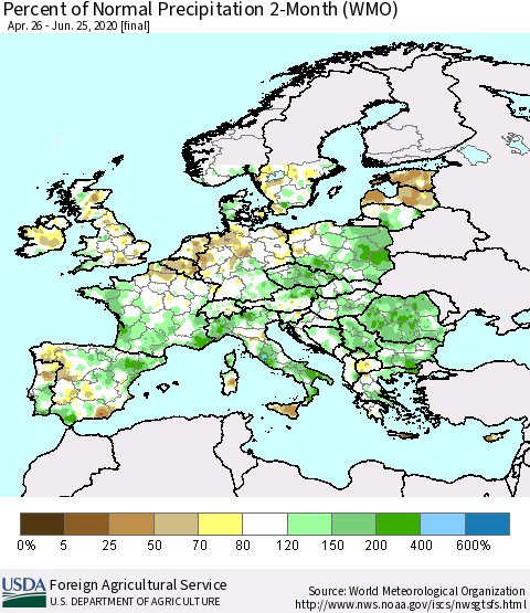 Europe Percent of Normal Precipitation 2-Month (WMO) Thematic Map For 4/26/2020 - 6/25/2020