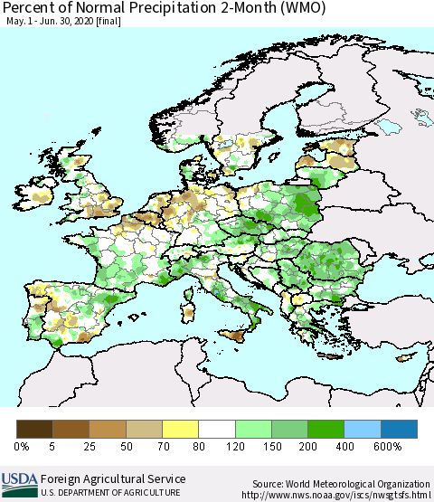 Europe Percent of Normal Precipitation 2-Month (WMO) Thematic Map For 5/1/2020 - 6/30/2020