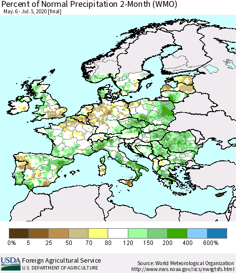 Europe Percent of Normal Precipitation 2-Month (WMO) Thematic Map For 5/6/2020 - 7/5/2020