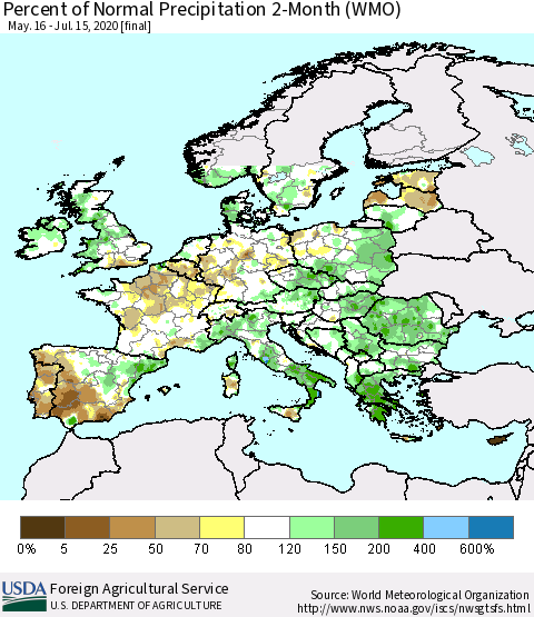 Europe Percent of Normal Precipitation 2-Month (WMO) Thematic Map For 5/16/2020 - 7/15/2020