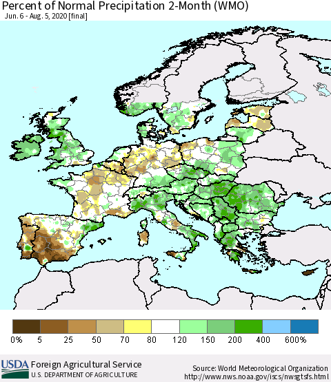 Europe Percent of Normal Precipitation 2-Month (WMO) Thematic Map For 6/6/2020 - 8/5/2020