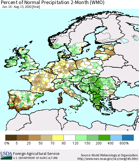 Europe Percent of Normal Precipitation 2-Month (WMO) Thematic Map For 6/16/2020 - 8/15/2020