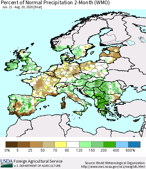Europe Percent of Normal Precipitation 2-Month (WMO) Thematic Map For 6/21/2020 - 8/20/2020