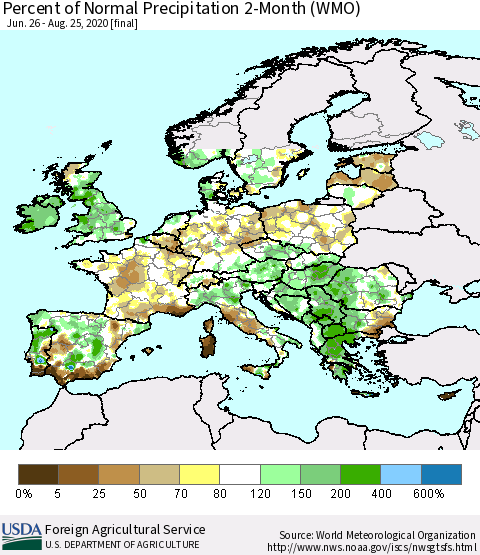 Europe Percent of Normal Precipitation 2-Month (WMO) Thematic Map For 6/26/2020 - 8/25/2020