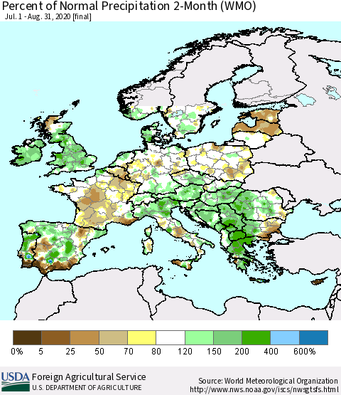 Europe Percent of Normal Precipitation 2-Month (WMO) Thematic Map For 7/1/2020 - 8/31/2020