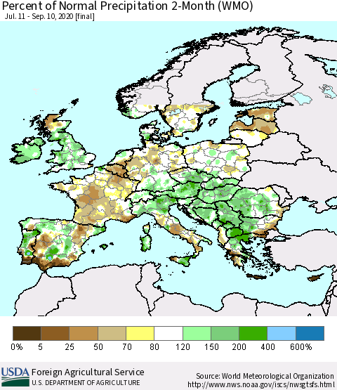 Europe Percent of Normal Precipitation 2-Month (WMO) Thematic Map For 7/11/2020 - 9/10/2020