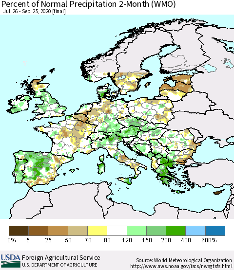 Europe Percent of Normal Precipitation 2-Month (WMO) Thematic Map For 7/26/2020 - 9/25/2020