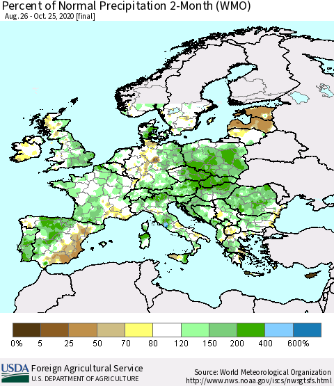 Europe Percent of Normal Precipitation 2-Month (WMO) Thematic Map For 8/26/2020 - 10/25/2020