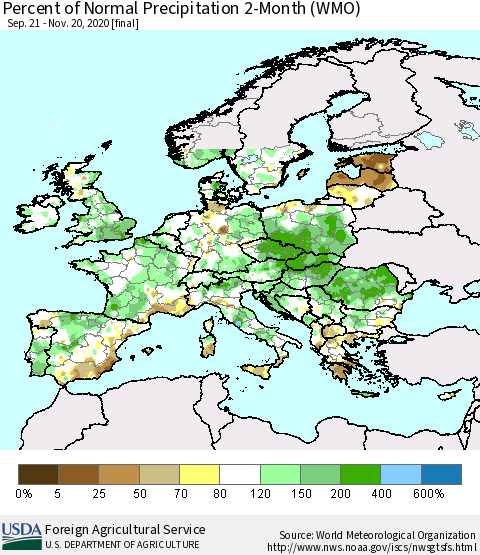 Europe Percent of Normal Precipitation 2-Month (WMO) Thematic Map For 9/21/2020 - 11/20/2020