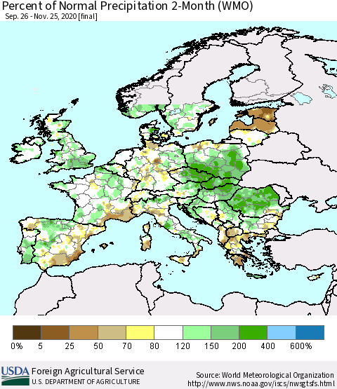 Europe Percent of Normal Precipitation 2-Month (WMO) Thematic Map For 9/26/2020 - 11/25/2020