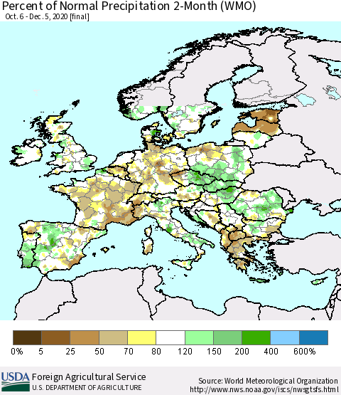 Europe Percent of Normal Precipitation 2-Month (WMO) Thematic Map For 10/6/2020 - 12/5/2020